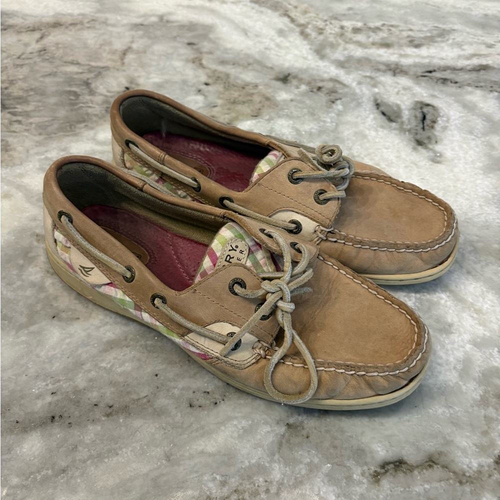 Sperry Topsider Women’s Plaid Boat Shoes Size 7.5 Leather Upper Slip On Loafers